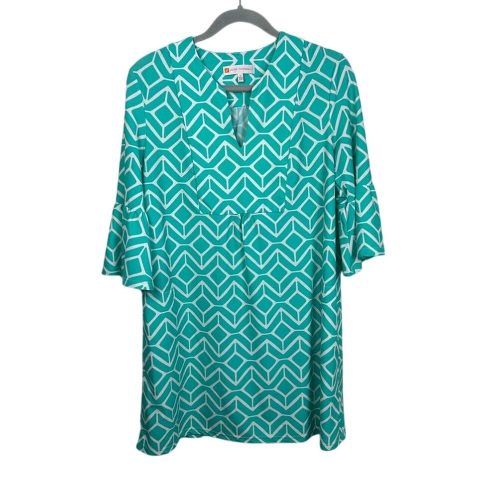 Jude Connally Jude Cloth Dress‎ Women S Aqua Geometric Bell Sleeve Pockets EUC